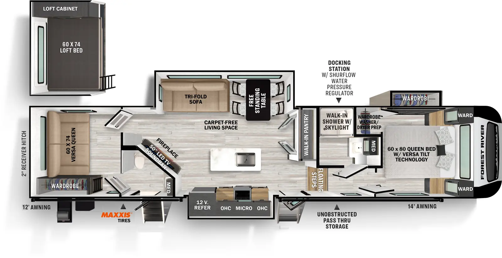 The Impression 330BH has two entries and three slide outs. Exterior features include: fiberglass exterior, 12' & 14' awning and outside kitchen. Interiors features include: loft, kitchen island, free-standing dinette option and front bedroom.